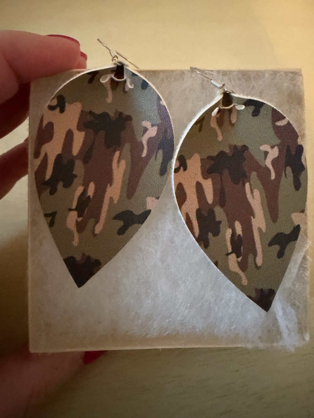 Camo Teardrop Leather Earrings - Green Brown Tan